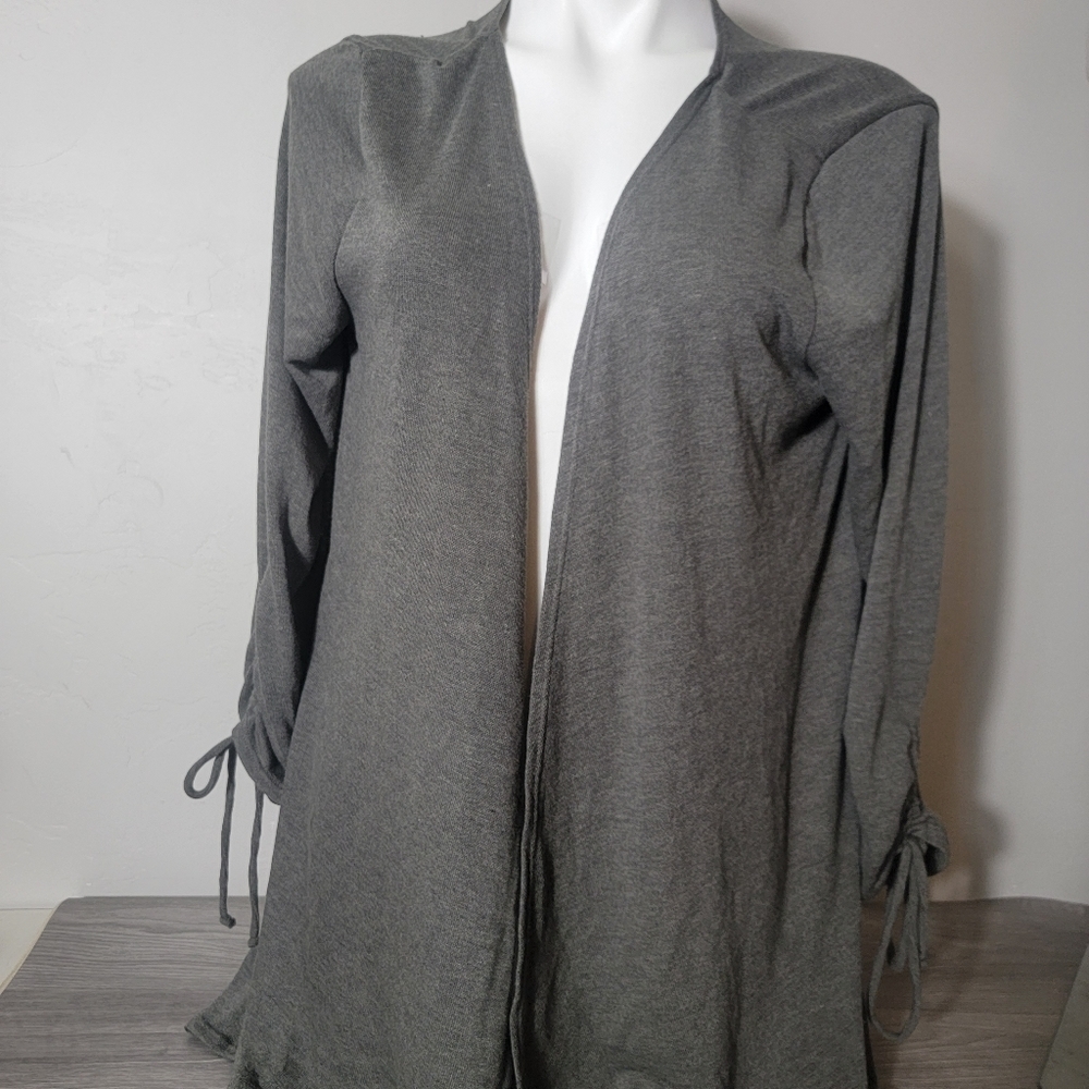 NOTATIONS Gray Cardigan Open Front Size L Soft Drawstring Sleeves‎ Adjustable